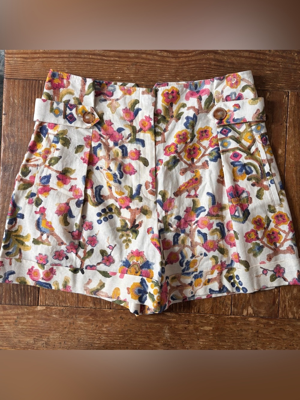 Sézane floral linen blend high waist shorts size 40/US 10 birds